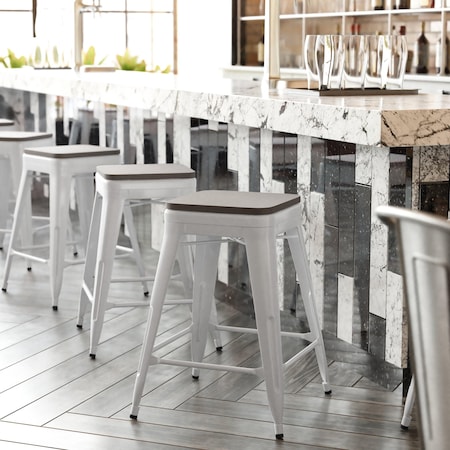 Flash Furniture 24" White Metal Stool-Gray Poly Seat CH-31320-24-WH-PL2G-GG